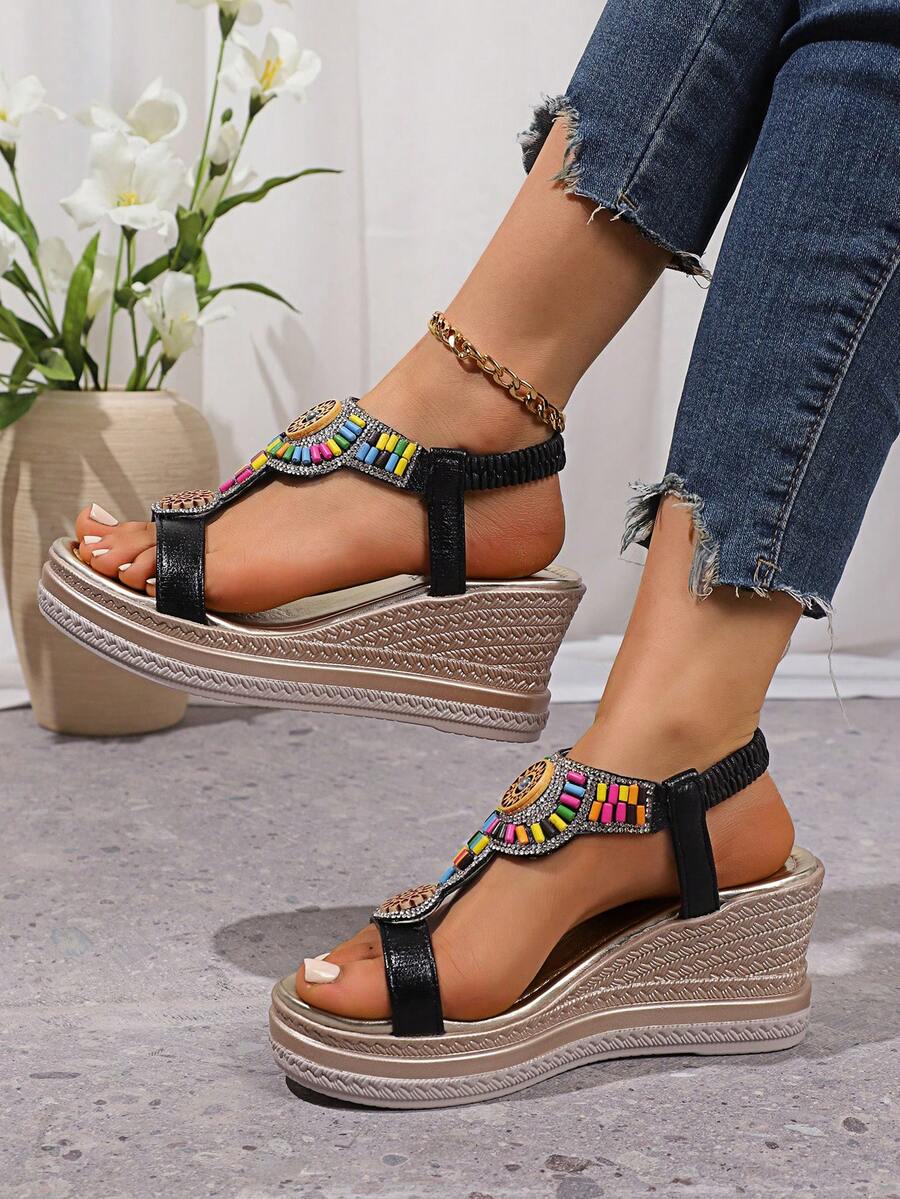 Sandalias bohemias con plataforma y tacón alto, nuevas sandalias de verano con cuña de suela gruesa, cómoda correa tipo romano de colores, sandalias de moda con detalles metalizados dorados para dama - Negro - Ver 1