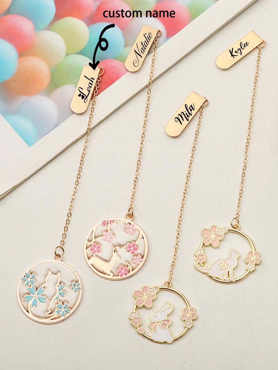 1Pc Sakura Cute Pet Series Creative Metal Bookmarks Small And Fresh Student Bookshelf Pages Alloy Bookmarks Accessories Personalized Text Customization,School Supplies,Back To School