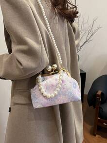 新款复古风格绿色面料珍珠链单肩包，百搭手提包和斜挎包，适合派对和聚会