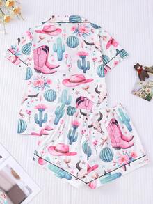 2pcs Western Pattern Pajamas Set For Women, Short Sleeve Shirt With Lapel & Button And Relaxed Elastic Waist Shorts, Party/Casual Loungewear, Indoor/Outdoor - White - View 2