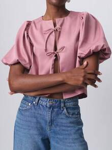 Braided Bow Strap Cute Commuter Lantern Sleeve Women's Top - Pink - View 3