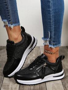 Women's Lace-Up Black Sequin Color Block Low Top Casual Sneakers, Women's Fashion Comfort Lightweight Minimalist Design Platform Shoes, Outdoor Versatile Skateboard Shoes, Thick Sole Elevator Shoes - Black - View 6