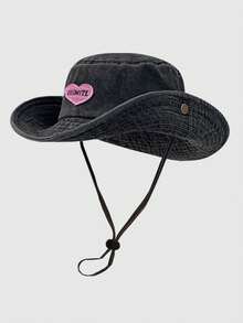 1pc Unisex Sweet Cute Heart Embroidered Pink Patch Bucket Hat With Wind Cord, Versatile For Outdoor Hiking, Fishing, Sports, Beach, Riding, Travel,Summer - Pink - View 14