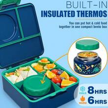 Caja Bento para Niños y Adultos con Termo, Contenedor de Almuerzo para Niños de 3-4 Compartimentos de 60OZ con Tarro de Comida Aislado de 8OZ a Prueba de Fugas, Tarro de Salsa, Utensilios para Niños y Niñas, Libre de BPA y Apto para Lavavajillas - B5.Dinosaurios de la jungla - Ver 3