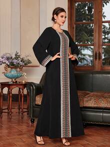 Kexmon Women Round Neck Black Color Heavy Embroidered Patchwork Long Sleeve Long Arabic Style Dress - Black - View 6