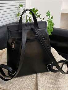 Stylish Black Leather - Like Backpack With Retro Buckle Design For Outings - Black - View 5