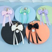 1 Elegant Faux Pearl And Bow Decoration Keychain Pendant With Creative Colorful Woven Ribbon Fabric Knot Accessories, Headphone And Mobile Bag Accessories