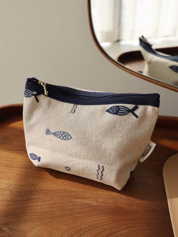 Bolsa Cosmética com Padrão de Peixe Bordado, Organizador de Viagem Estilo Japonês Minimalista Portátil, Bolsa Interna Feita à Mão