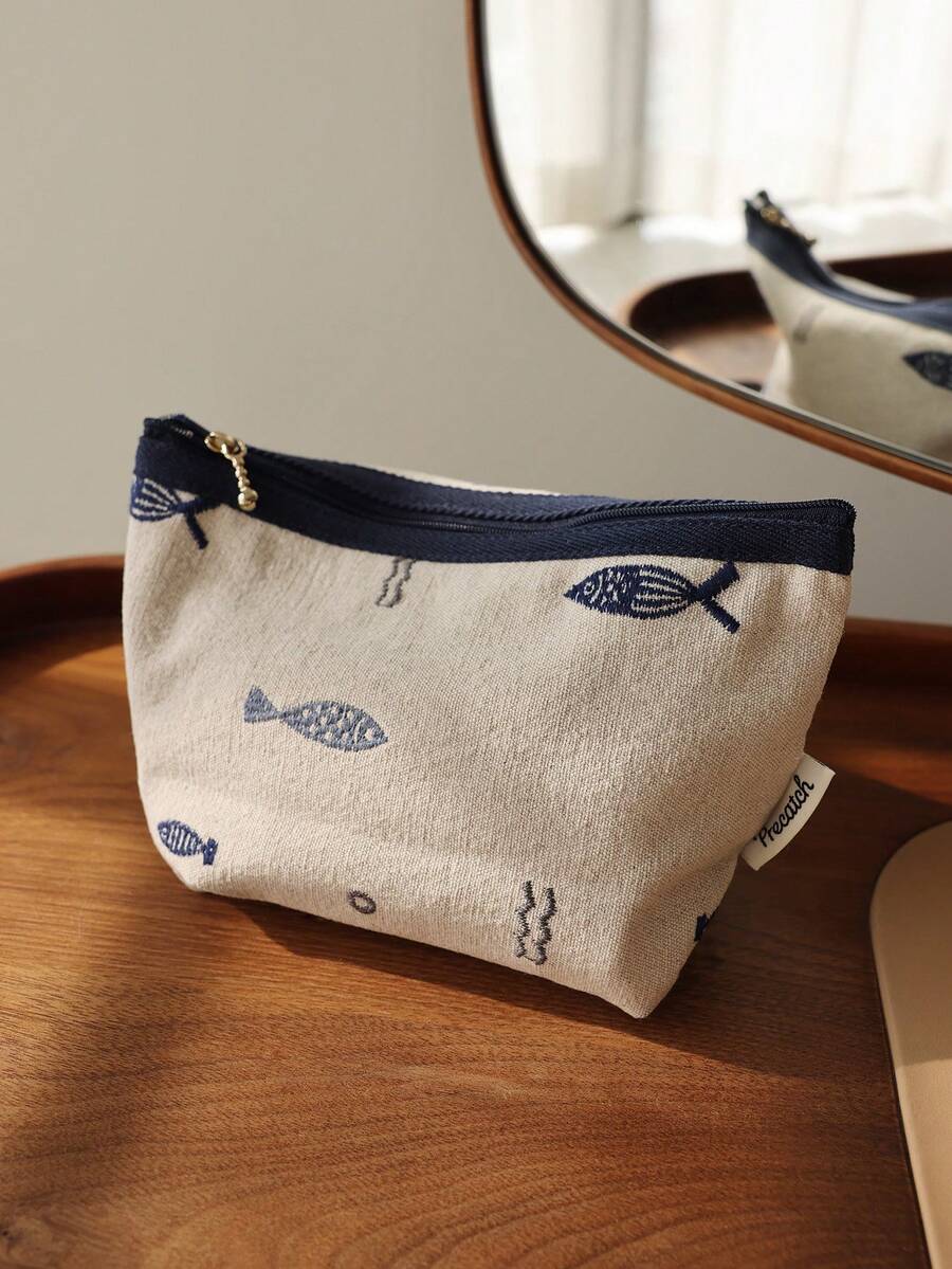 Cirelle Bolsa Cosmética com Padrão de Peixe Bordado, Organizador de Viagem Estilo Japonês Minimalista Portátil, Bolsa Interna Feita à Mão - Caqui - Visão 1