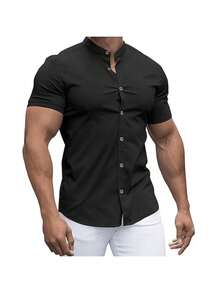 Men's Short Sleeve Dress Shirt With Slim Priest Collar - 黑色 - 查看 2