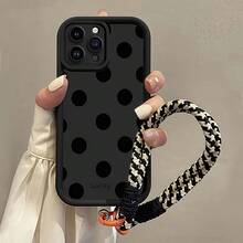 波尔卡圆点 1 件黑色磨砂镜头保护个性化全屏黑色波尔卡圆点图案手机壳带挂绳，兼容 16 Pro Max、15/14 Plus、13、12、11 系列防水防震防摔防刮