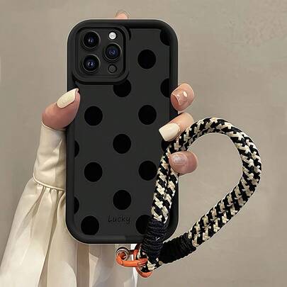 波尔卡圆点 1 件黑色磨砂镜头保护个性化全屏黑色波尔卡圆点图案手机壳带挂绳，兼容 16 Pro Max、15/14 Plus、13、12、11 系列防水防震防摔防刮