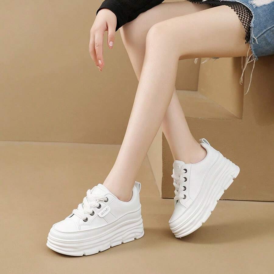 New Solid Color Canvas Shoes, Summer Sneakers, Platform Thick Sole, Casual Shoes, Student/Sports Shoes - White - View 1
