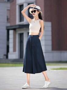 女士夏季纯色休闲阔腿宽松 7/4 长裤带口袋，适合日常休闲、户外和度假穿着