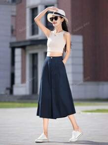Women's Summer Solid Color Casual Wide Leg Loose 7/4 Length Pants With Pockets, Suitable For Daily Casual, Outdoor & Vacation Wear