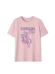 T-shirt da donna con stampa personalizzata a lettere, stile occidentale, scollo tondo, adatta per l'estate e vacanze. Top donna bianco e rosa con grafica
