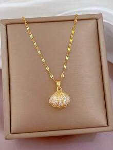 1pc Stainless Steel Micro-Inlaid Zirconia Hollow Shell Pearl Necklace - Yellow Gold - View 2