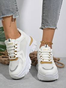 1 Pair Women's Casual White Sneakers, New Style Platform, Comfortable, Versatile, Student Fashion Lace-Up Sports Shoes