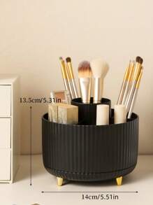 1pc 360° Rotating Makeup Organizer,Plastic Cosmetic Storage With 5 Compartments,Multi-Functional Holder For Brushes,Lipsticks,Skin Care Products,And Stationery, Unscented Desk Caddy With Luxury Stripe Design Home Bathroom Decor Fall Decor Makeup Organizer Back To School