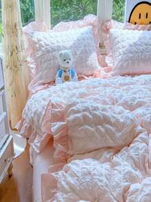 3-Piece Plaid Gauze Bedding Set With Ruffle Duvet Cover And Pillowcases - Pink - View 4