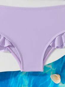 Baby Girl Floral Printed Long Sleeve Rash Guard And Solid Color Ruffle Bikini Bottoms With Headband - Purple - View 4