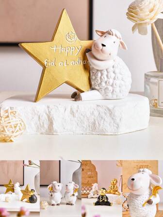 1 件可爱的绵羊桌面装饰雕像，树脂材料，适用于家居装饰、节日庆典、宰牲节礼物和聚会装饰品，黑色、白色和金色