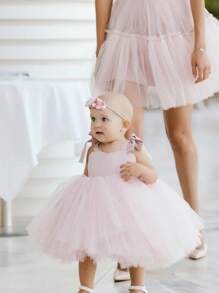 Young Girl Bowknot Tulle Party Princess Dress, Suitable For Child's Birthday Party, Flower Girl Dress, Wedding, Prom, Festival Celebration