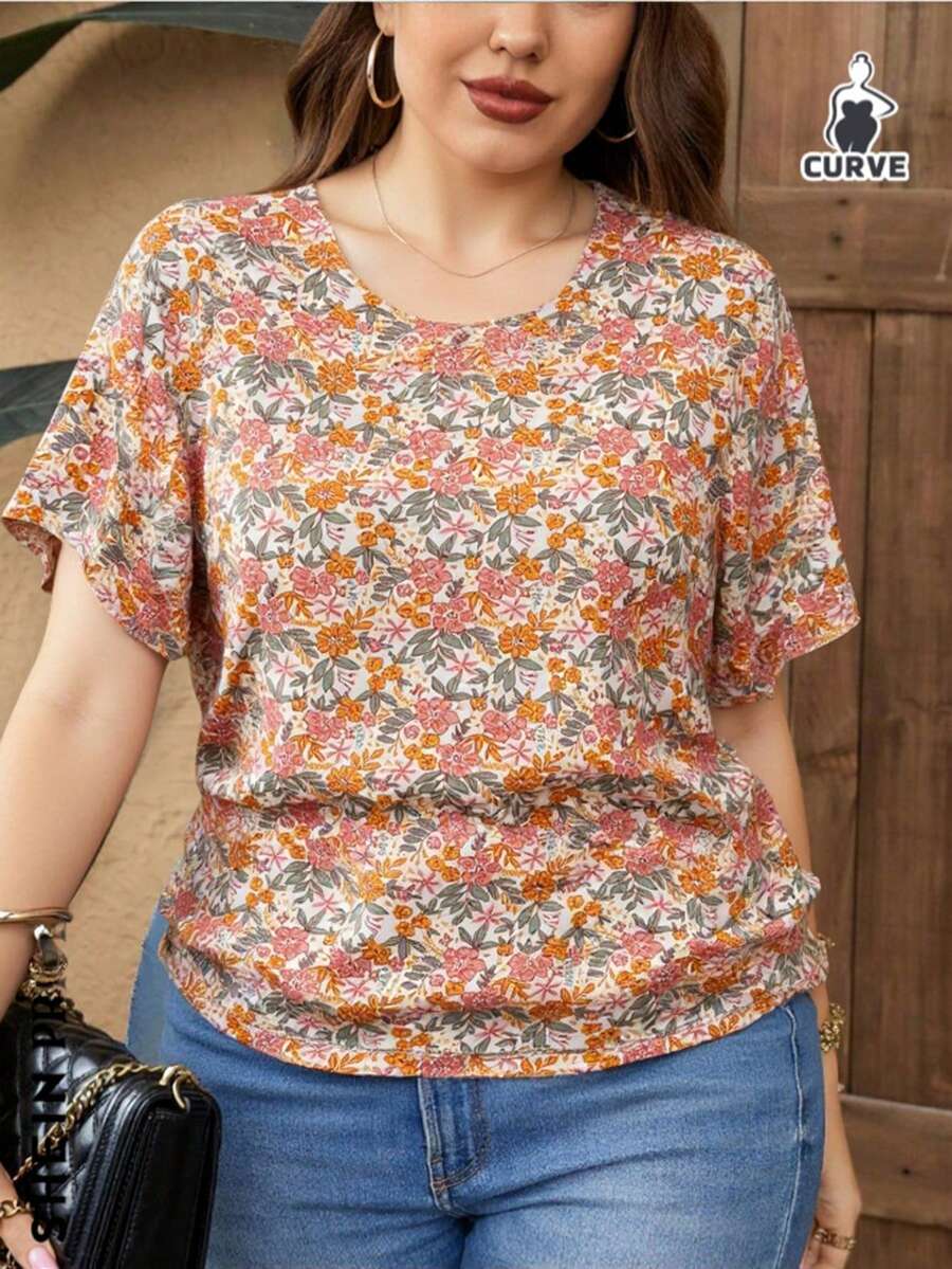 Blusa playera dama mujer curvy plus size tallas extra manga corta estampado floral flores holgada suelta fresca comoda - Rosa Pálido - Ver 1