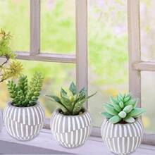 Set Of 3 Mini Artificial Succulents In Geometric Cement Pots, Faux Potted Plants For Home, Office, Table, And Shelf Decoration - Grey - View 4