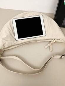 1pc Peach Tree Fashion Minimalist Solid Color Large Capacity Adjustable Strap Crossbody Shoulder Bag, Multi-Pockets Vintage For Daily/Shopping, Lightweight Water-Washed Nylon - Beige - View 9