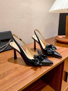 Nuevas sandalias de tacón alto con punta fina, correa delgada y tacón cuadrado bajo para mujeres, decoración floral, para primavera/verano - Negro - Ver 2