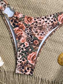 Sexy Halter Metal Accessory Floral & Leopard Print Fashion Beach Holiday Bikini Set - Flower Prints - View 4