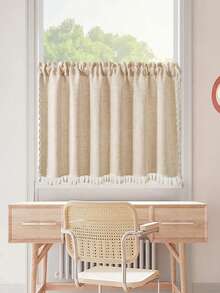 1pc Premium Beige Linen Voile Fabric Kitchen/Cafe Short Curtain, Decorative Window Valance - Beige - View 8
