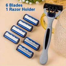 6 Layer Manual Razor Set - 6 Stainless Steel Blades, Replaceable Heads, Includes Handle And 6/12/24 Blades, Sharp & Smooth Shave