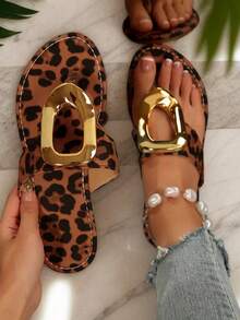 Sandalias planas de playa cómodas con decoración de hebilla metálica, de mujer, con estampado de leopardo y sin cordones - Multicolor - Ver 8