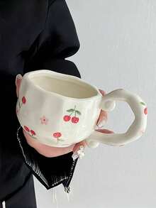 1 pieza Taza cerámica asimétrica pintada a mano, con patrones de cereza y arándano, estilo vintage japonés, taza de té/café de alta calidad para oficina, taza de agua, regalo de taza de cerámica, apta para todas las estaciones - Multicolor - Ver 11