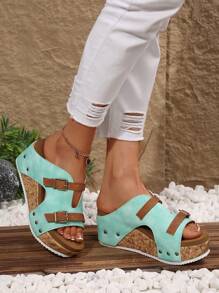 2025 Summer New European And American Fashion Double Buckle Rivet Decor Plus Size Wedge Thick Bottom Slide Sandals