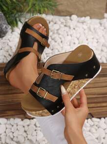 2025 Summer New European And American Fashion Double Buckle Rivet Decor Casual Plus Size Wedge Platform Slide Sandals