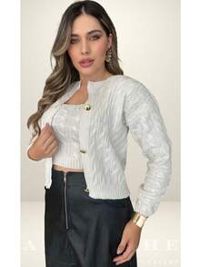 Women's Knitted Cardigan Coat Set With Buttons And Braids + Knitted Tank Top Twin Set For Cold Weather - Apagado - Ver 2