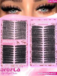 640 piezas/576 piezas Racimos de pestañas individuales de ojo de gato de 10-18 mm izquierdo y derecho para pestañas en racimos individuales apareados,extra gruesas y naturales, con efecto aterciopelado, ultra suaves y súper ligeras. Kit de extensión de pestañas DIY para principiantes para usar en casa, vida diaria, regalos, viajes y festivales de música