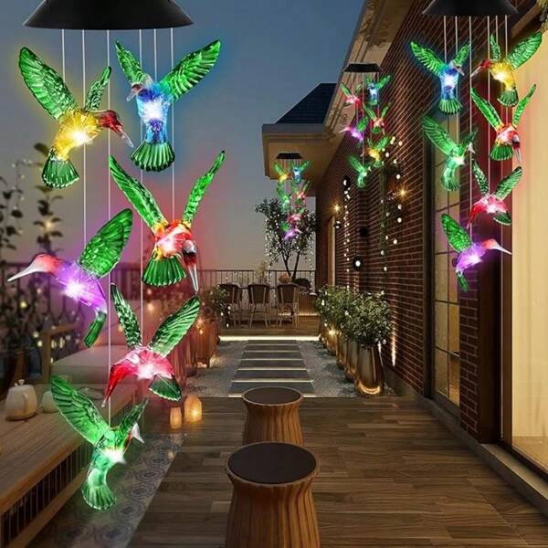 LED Solar Powered Hummingbird Wind Chime, 26 Inches Mobile Hanging Wind Chime With Automatic Color Changing Lights For Home Outdoor Patio Garden Decoration, Best Creative Gardening Wind Chime, Unique Gift For Mother's Day/Grandma/Woman, Birthday Gift, Wedding Party, Outdoor Green Camping Decoration