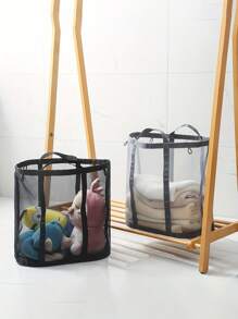 2pcs/1pc Casual Style Nylon Mesh Laundry Basket With Handle, Retractable Shape, Foldable And Wall-Mounted, Suitable For Various Room Types, Unlined - Dirty Clothes Storage Organizer