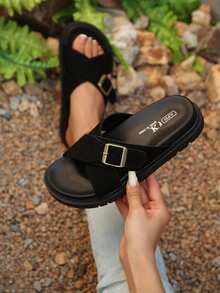 Women's Flat Slippers, New Summer Strap Crossover Buckle Black Beach Flip Flops, Outdoor Wear - Black - View 6