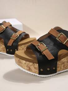 2025 Summer New European And American Fashion Double Buckle Rivet Decor Casual Plus Size Wedge Platform Slide Sandals