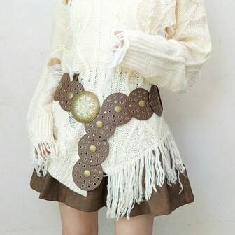 1pc Women's Metallic Multicolor PU Leather Belt, Leopard Print, Fashion Sports, Valentine's Day Gift, Round Buckle, Vintage Style, Versatile Waist Cincher, Suitable For Daily Use, Christmas, Wedding, Casual