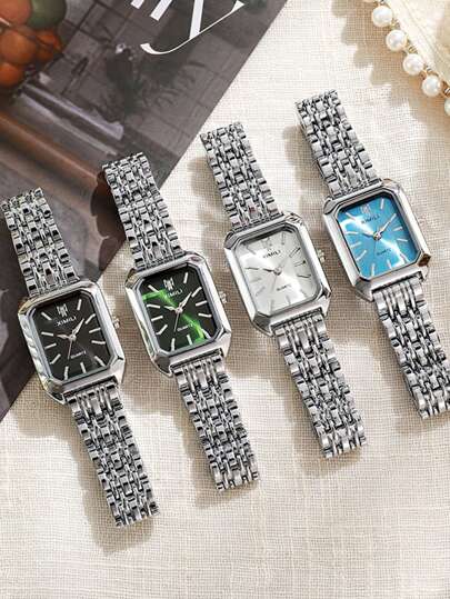 1 pieza Reloj de cuarzo con esfera cuadrada y marcas, de acero inoxidable, de moda para adolescentes. Adecuado como regalo de cumpleaños o graduación