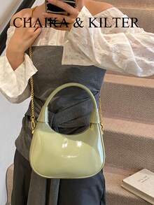 CHAIKA & KILTER 1 件亮面 PU 材质手提包，女士时尚新月形顶部手柄腋下包，可拆卸金属链，拉链开合，适合日常和户外使用 - 綠色 - 查看 5