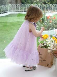 Baby Girls' Lavender 3D Bow Star Sequin Mesh Elegant Princess Dress, Suitable For 1st Birthday Party, Wedding, Flower Girl, Holiday Celebration - Mauve Purple - View 4