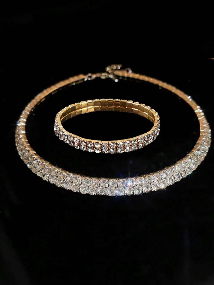 Women Fashion Rhinestone Necklace For Party,2Pcs/Set Necklace And Bracelet Jewelry Decoration Rhinestone Fashion Accessories Set,Women Alloy Pendant Necklace Bracelet And Earrings Set For Wedding And Bridal,Rhinestone Round Choker Necklace Gold/Silver - 手鍊/項鍊 2 金環 - 查看 1