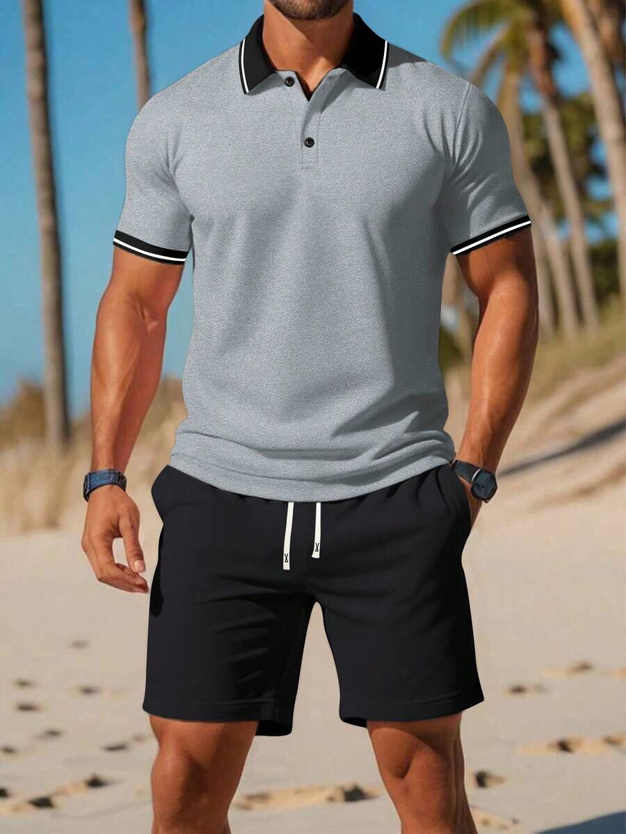 男士两件套 Polo 衫和短裤套装 - 休闲夏季服装、运动服、透气、短袖、抽绳腰带、运动服 - 淺灰色 - 查看 1